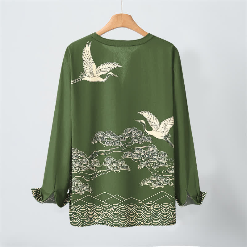 Buddha Stones Cotton Flying Crane Cloud Pattern V-Neck Buttons Men's Long Sleeve Shirts - image 10