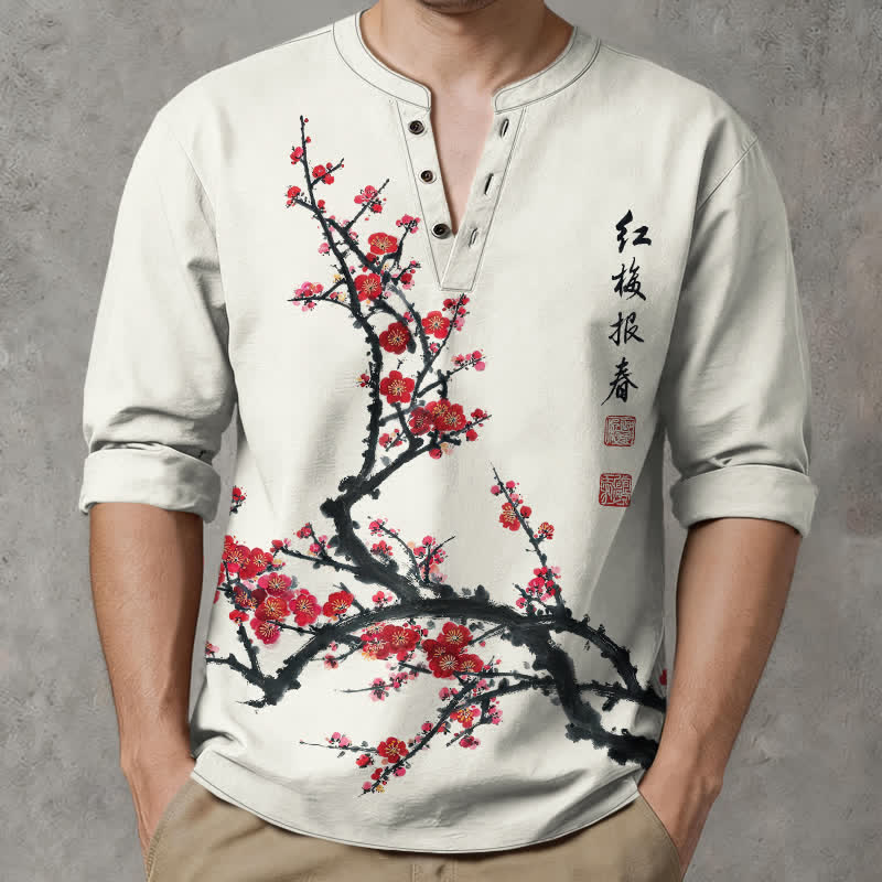 Buddha Stones Cotton Eastern Seal Plum Pattern V-Neck Buttons Men's Long Sleeve Shirts - Ivory - US/UK/AU48，EU58 (4XL) - image 0