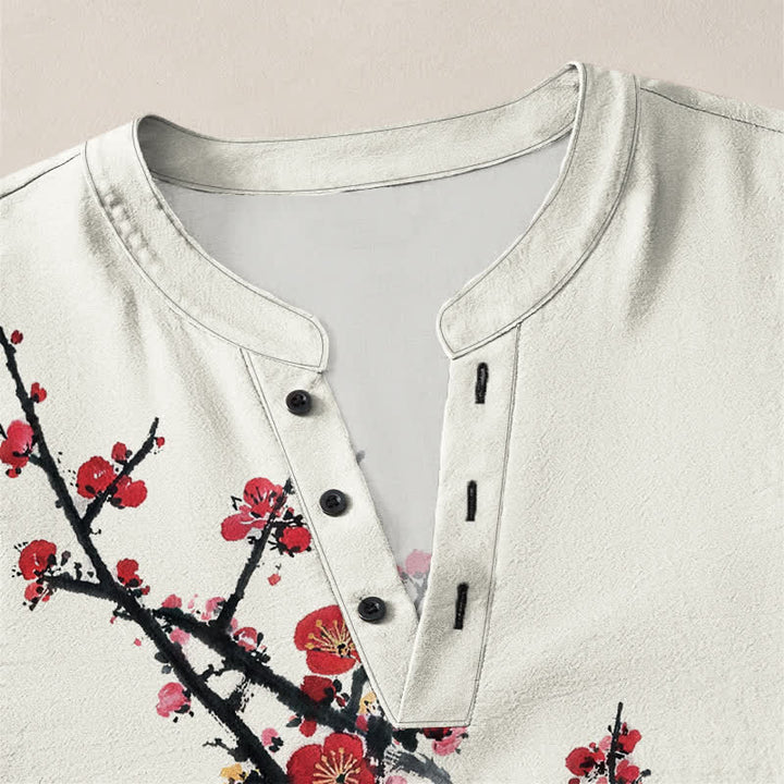 Buddha Stones Cotton Eastern Seal Plum Pattern V-Neck Buttons Men's Long Sleeve Shirts - image 4