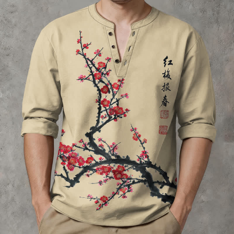Buddha Stones Cotton Eastern Seal Plum Pattern V-Neck Buttons Men's Long Sleeve Shirts - Wheat - US/UK/AU48，EU58 (4XL) - image 7