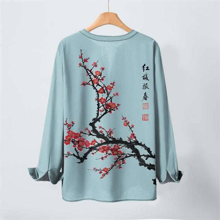 Buddha Stones Cotton Eastern Seal Plum Pattern V-Neck Buttons Men's Long Sleeve Shirts - image 17