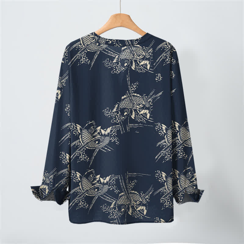 Buddha Stones Cotton Ethnic Fish Motif Pattern V-Neck Buttons Men's Long Sleeve Shirts - image 3