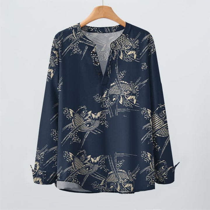 Buddha Stones Cotton Ethnic Fish Motif Pattern V-Neck Buttons Men's Long Sleeve Shirts - image 2