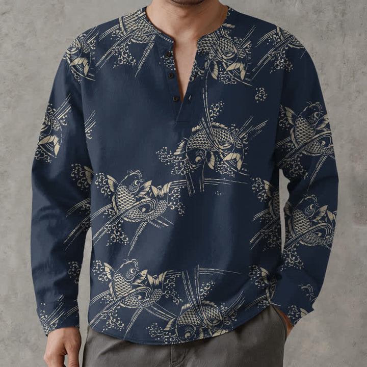 Buddha Stones Cotton Ethnic Fish Motif Pattern V-Neck Buttons Men's Long Sleeve Shirts - MidnightBlue - US/UK/AU48，EU58 (4XL) - image 0