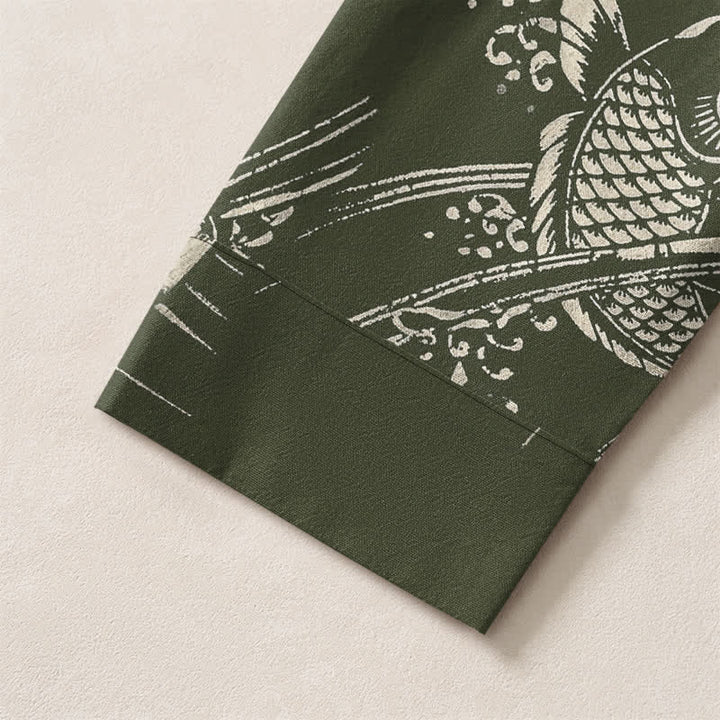 Buddha Stones Cotton Ethnic Fish Motif Pattern V-Neck Buttons Men's Long Sleeve Shirts - image 12