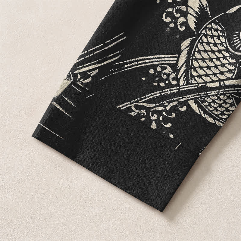 Buddha Stones Cotton Ethnic Fish Motif Pattern V-Neck Buttons Men's Long Sleeve Shirts - image 19