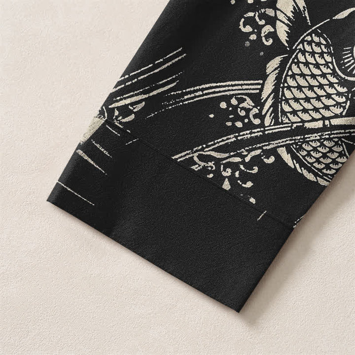 Buddha Stones Cotton Ethnic Fish Motif Pattern V-Neck Buttons Men's Long Sleeve Shirts - image 19