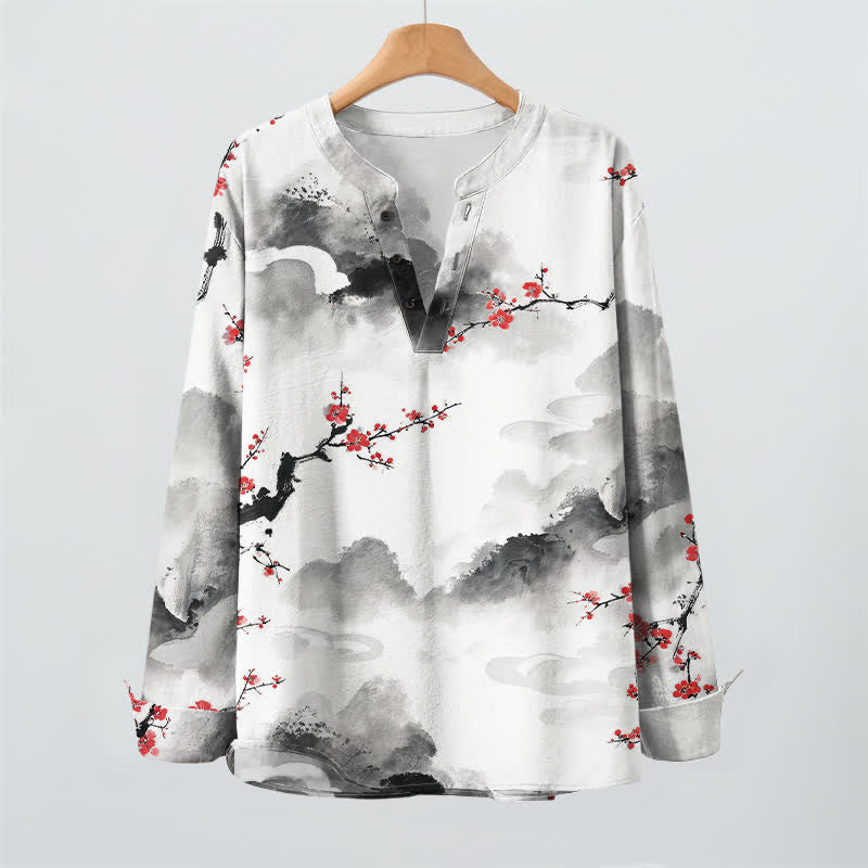 Buddha Stones Cotton Zen Landscape Blossom Pattern V-Neck Buttons Men's Long Sleeve Shirts - image 2