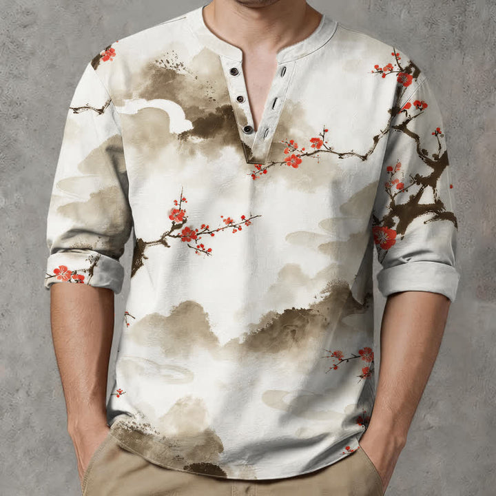 Buddha Stones Cotton Zen Landscape Blossom Pattern V-Neck Buttons Men's Long Sleeve Shirts - image 8