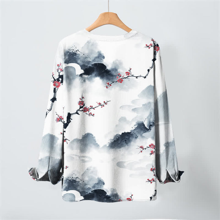 Buddha Stones Cotton Zen Landscape Blossom Pattern V-Neck Buttons Men's Long Sleeve Shirts - image 17
