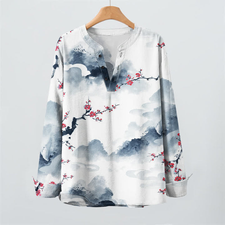 Buddha Stones Cotton Zen Landscape Blossom Pattern V-Neck Buttons Men's Long Sleeve Shirts - image 16