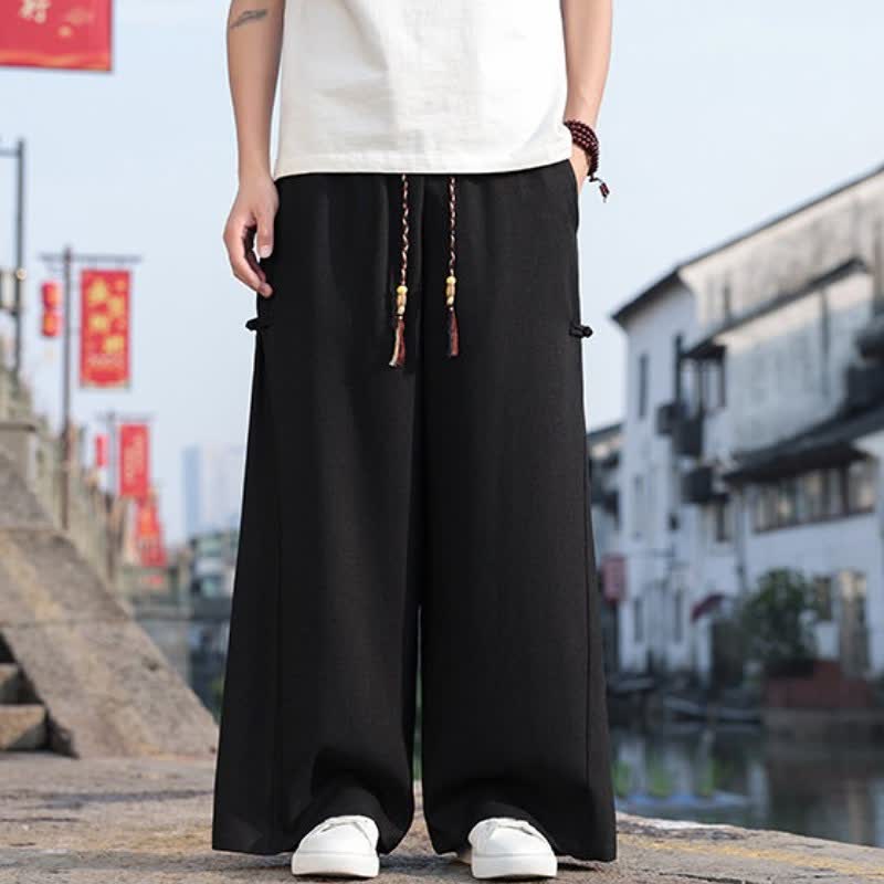 Buddha Stones Spring Fall Casual Tang Style Drawstring Solid Long Pants Men's Straight Leg Pants With Pocket - image 1