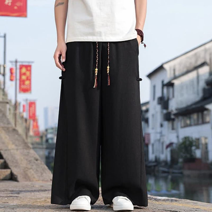 Buddha Stones Spring Fall Casual Tang Style Drawstring Solid Long Pants Men's Straight Leg Pants With Pocket - image 1