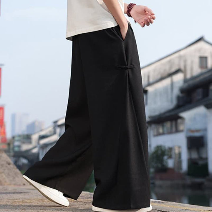 Buddha Stones Spring Fall Casual Tang Style Drawstring Solid Long Pants Men's Straight Leg Pants With Pocket - image 2