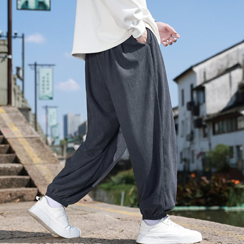 Buddha Stones Fall Casual Minimalist Drawstring Solid Cropped Pants Corduroy Men's Tapered Pants With Pocket - image 12