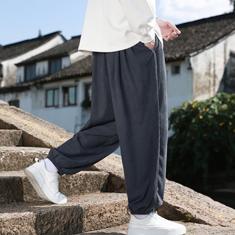 Buddha Stones Fall Casual Minimalist Drawstring Solid Cropped Pants Corduroy Men's Tapered Pants With Pocket - image 13