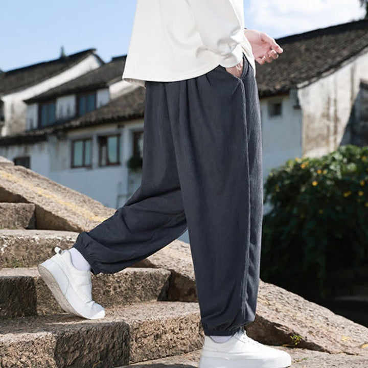 Buddha Stones Fall Casual Minimalist Drawstring Solid Cropped Pants Corduroy Men's Tapered Pants With Pocket - image 13