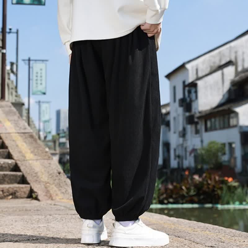 Buddha Stones Fall Casual Minimalist Drawstring Solid Cropped Pants Corduroy Men's Tapered Pants With Pocket - image 20