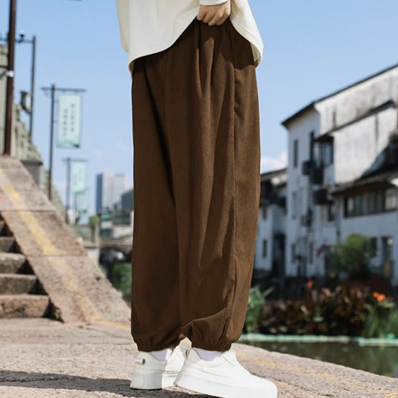Buddha Stones Fall Casual Minimalist Drawstring Solid Cropped Pants Corduroy Men's Tapered Pants With Pocket - image 3