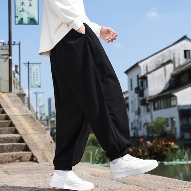 Buddha Stones Fall Casual Minimalist Drawstring Solid Cropped Pants Corduroy Men's Tapered Pants With Pocket - image 23