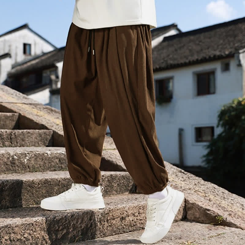 Buddha Stones Fall Casual Minimalist Drawstring Solid Cropped Pants Corduroy Men's Tapered Pants With Pocket - image 6