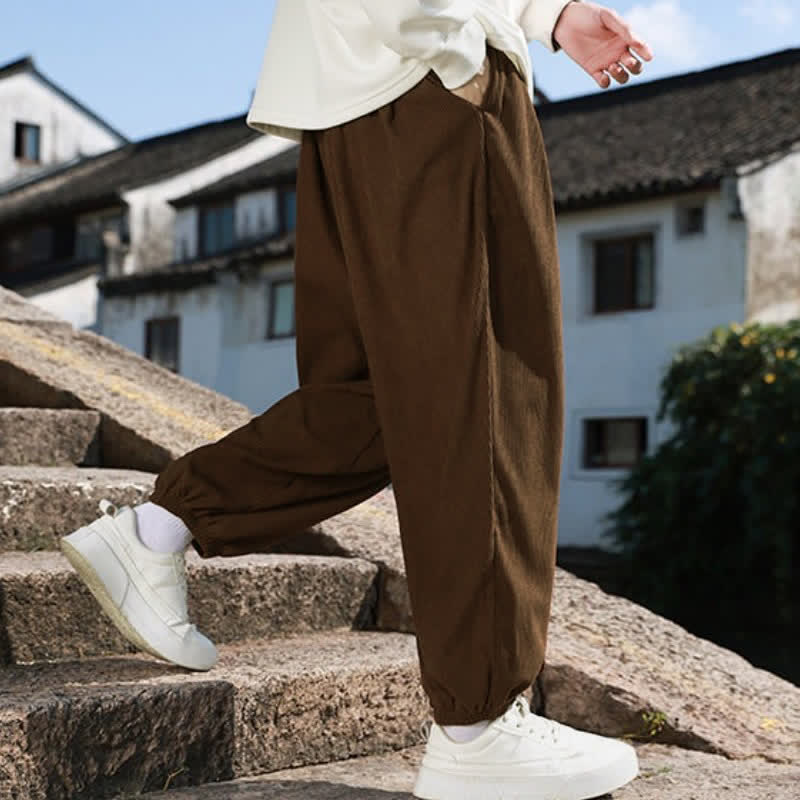 Buddha Stones Fall Casual Minimalist Drawstring Solid Cropped Pants Corduroy Men's Tapered Pants With Pocket - image 4