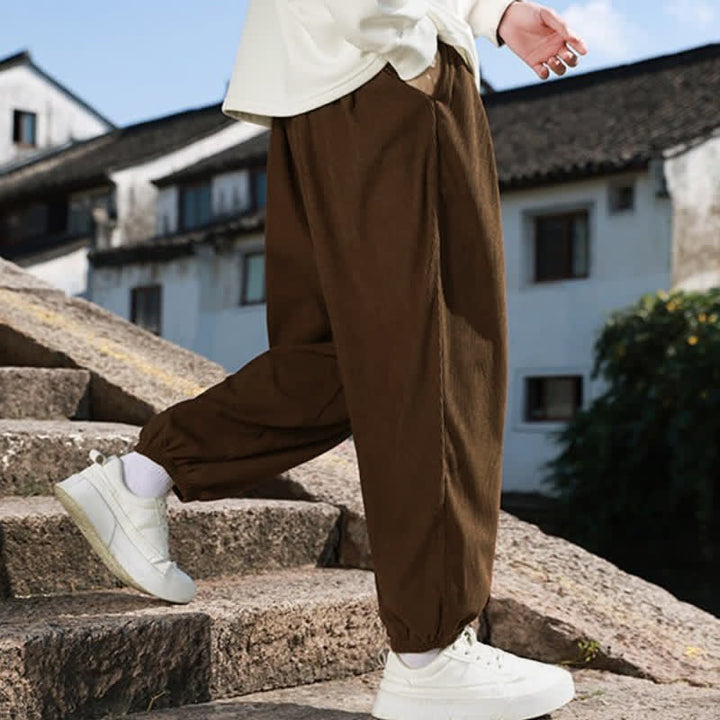 Buddha Stones Fall Casual Minimalist Drawstring Solid Cropped Pants Corduroy Men's Tapered Pants With Pocket - image 4