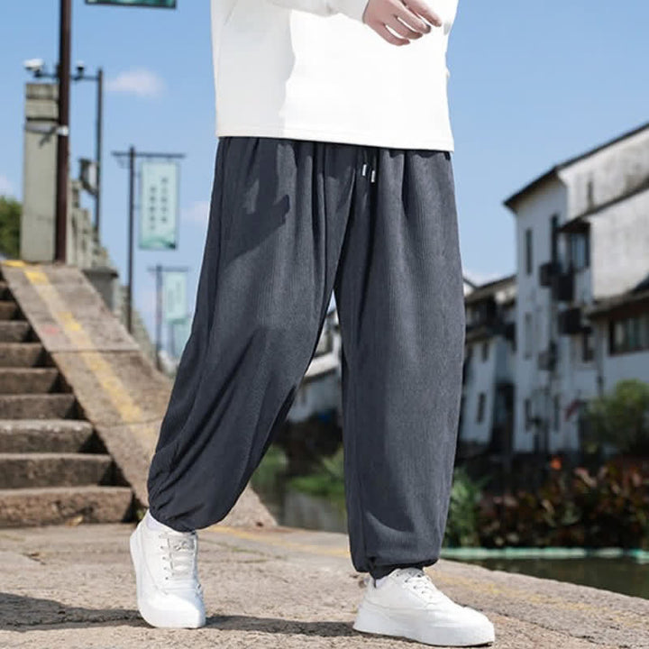 Buddha Stones Fall Casual Minimalist Drawstring Solid Cropped Pants Corduroy Men's Tapered Pants With Pocket - image 9