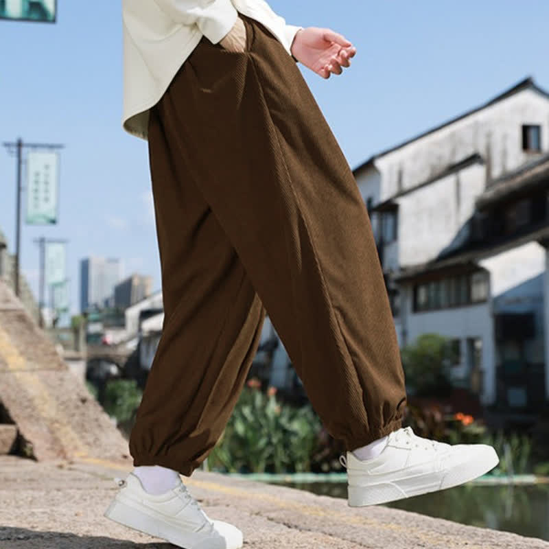 Buddha Stones Fall Casual Minimalist Drawstring Solid Cropped Pants Corduroy Men's Tapered Pants With Pocket - image 5