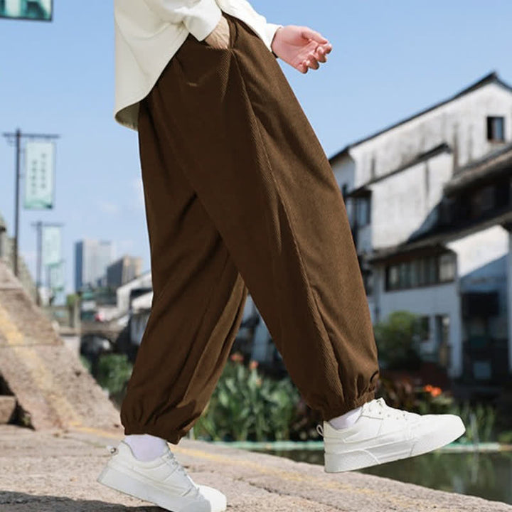 Buddha Stones Fall Casual Minimalist Drawstring Solid Cropped Pants Corduroy Men's Tapered Pants With Pocket - image 5