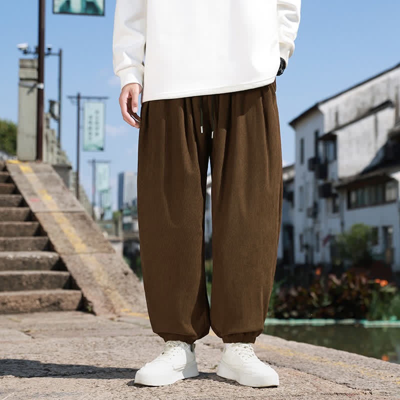 Buddha Stones Fall Casual Minimalist Drawstring Solid Cropped Pants Corduroy Men's Tapered Pants With Pocket - SaddleBrown - US/UK/AU46, EU56 (5XL) - image 0