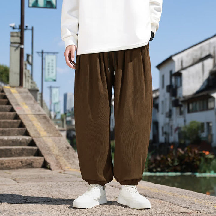 Buddha Stones Fall Casual Minimalist Drawstring Solid Cropped Pants Corduroy Men's Tapered Pants With Pocket - SaddleBrown - US/UK/AU46, EU56 (5XL) - image 0