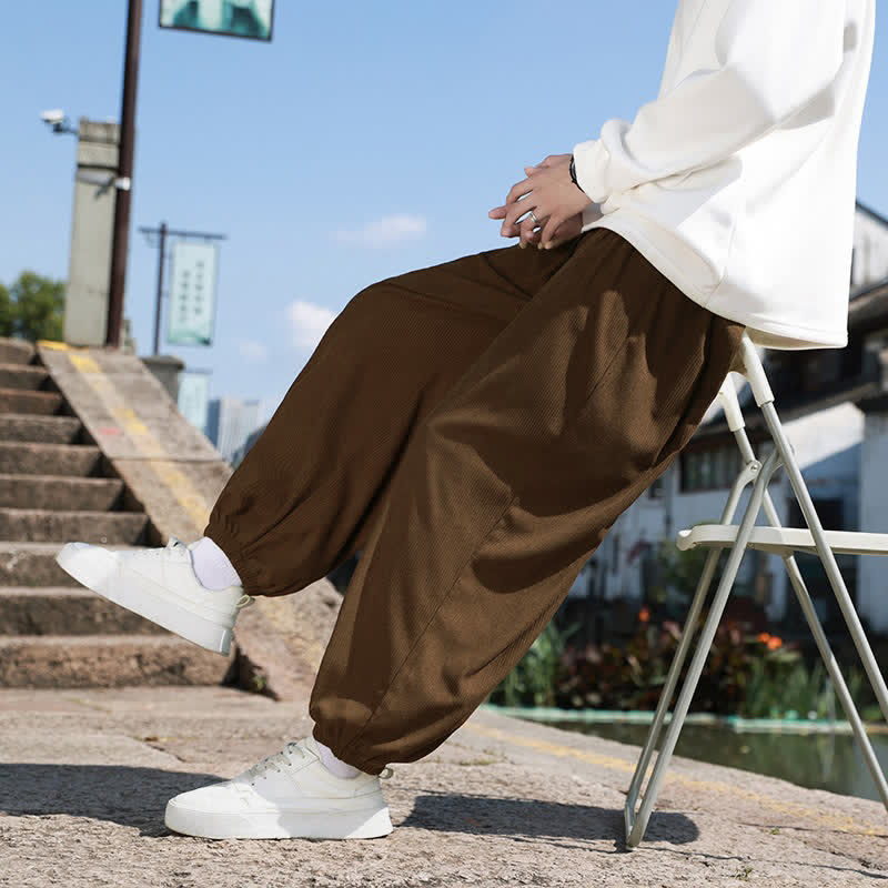 Buddha Stones Fall Casual Minimalist Drawstring Solid Cropped Pants Corduroy Men's Tapered Pants With Pocket - image 7