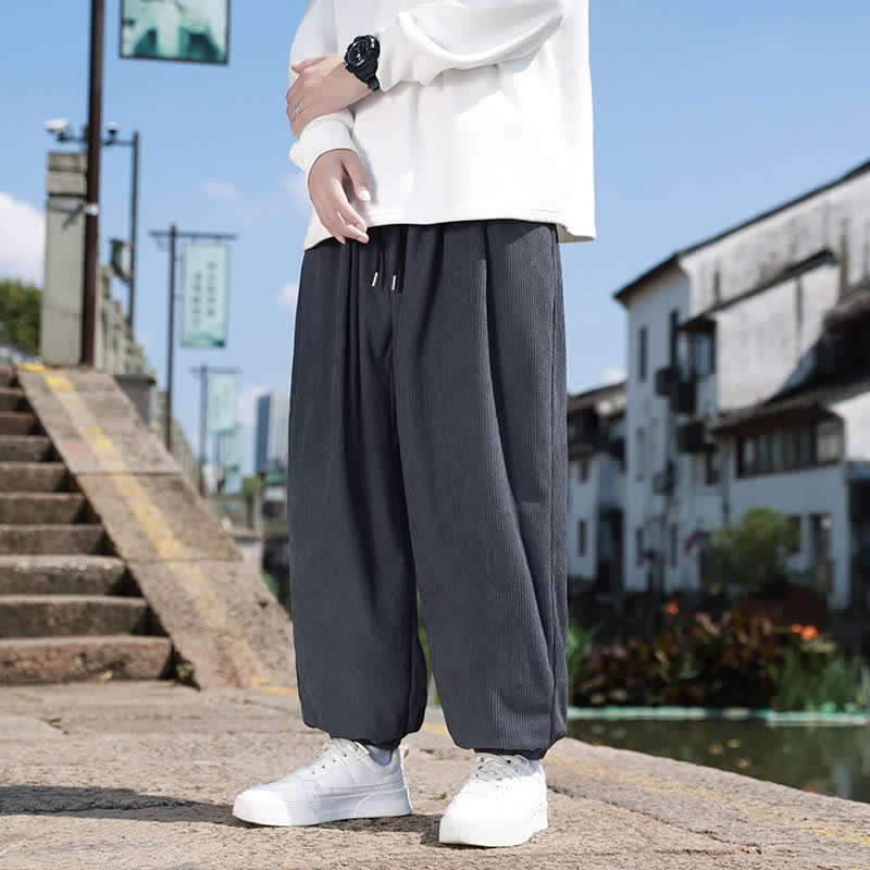 Buddha Stones Fall Casual Minimalist Drawstring Solid Cropped Pants Corduroy Men's Tapered Pants With Pocket - image 10