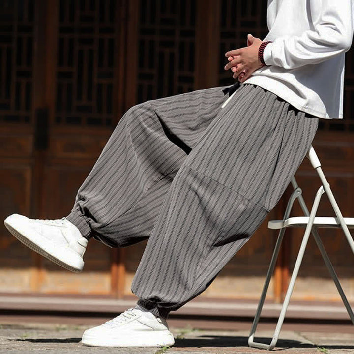 Buddha Stones Spring Fall Casual Drawstring Striped Cropped Pants Corduroy Men's Harem Pants With Pocket - image 13