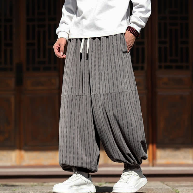 Buddha Stones Spring Fall Casual Drawstring Striped Cropped Pants Corduroy Men's Harem Pants With Pocket - image 8
