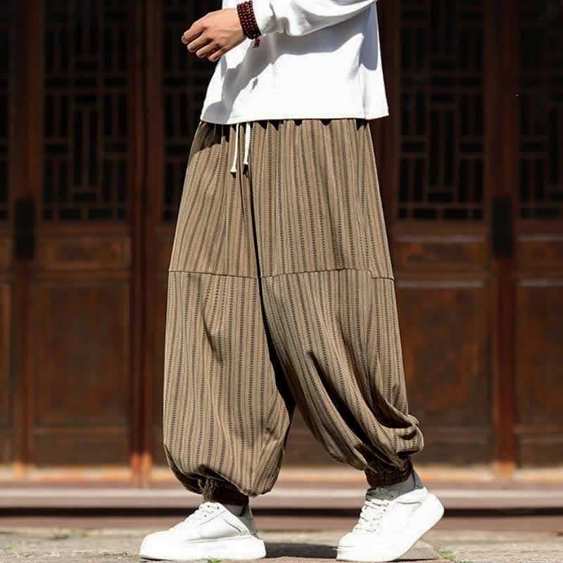Buddha Stones Spring Fall Casual Drawstring Striped Cropped Pants Corduroy Men's Harem Pants With Pocket - image 22