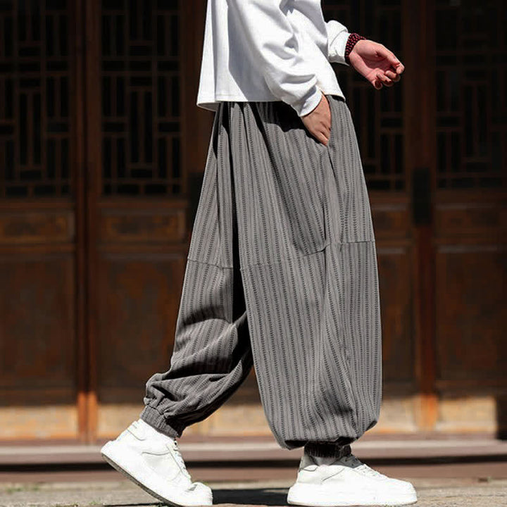 Buddha Stones Spring Fall Casual Drawstring Striped Cropped Pants Corduroy Men's Harem Pants With Pocket - image 11