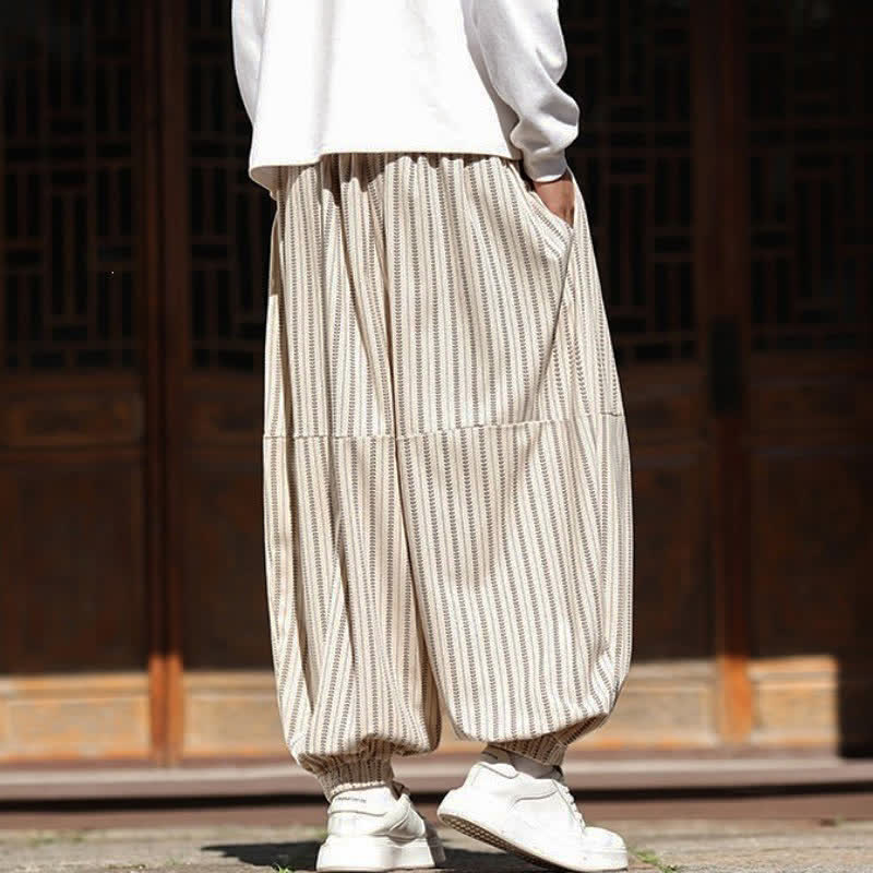 Buddha Stones Spring Fall Casual Drawstring Striped Cropped Pants Corduroy Men's Harem Pants With Pocket - image 28