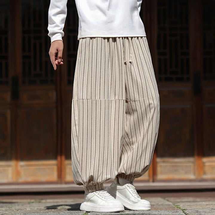 Buddha Stones Spring Fall Casual Drawstring Striped Cropped Pants Corduroy Men's Harem Pants With Pocket - image 30