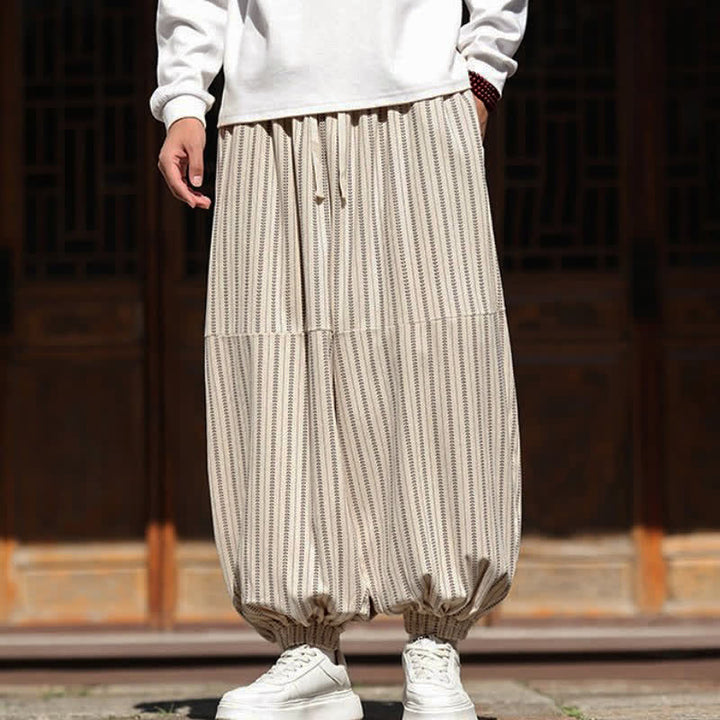 Buddha Stones Spring Fall Casual Drawstring Striped Cropped Pants Corduroy Men's Harem Pants With Pocket - image 31
