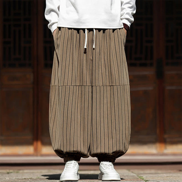 Buddha Stones Spring Fall Casual Drawstring Striped Cropped Pants Corduroy Men's Harem Pants With Pocket - Tan - US/UK/AU46, EU56 (5XL) - image 17