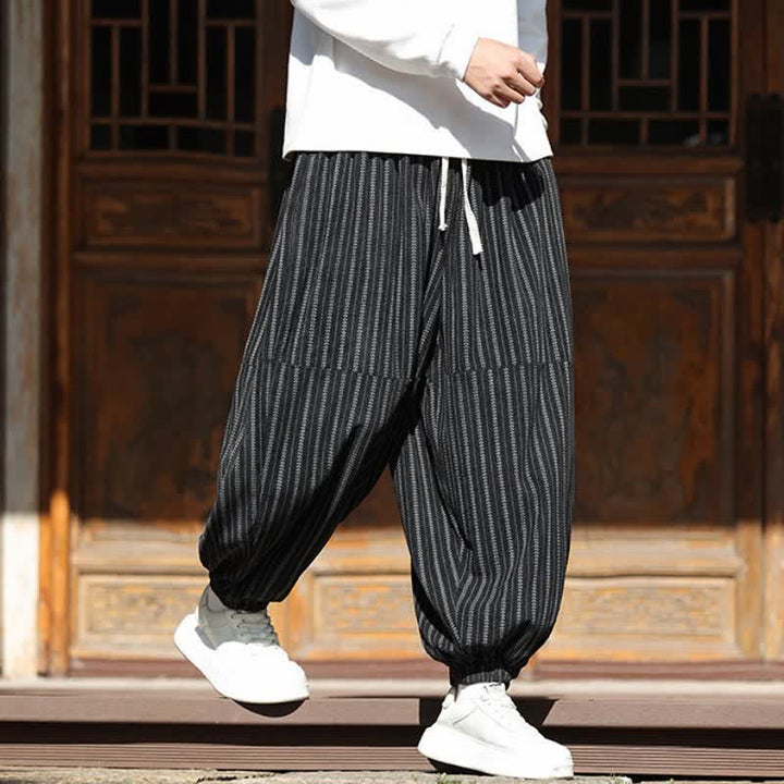 Buddha Stones Spring Fall Casual Drawstring Striped Cropped Pants Corduroy Men's Harem Pants With Pocket - image 5