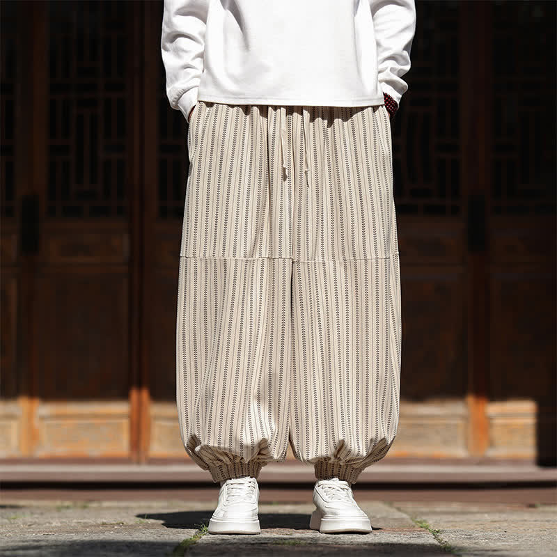 Buddha Stones Spring Fall Casual Drawstring Striped Cropped Pants Corduroy Men's Harem Pants With Pocket - OldLace - US/UK/AU46, EU56 (5XL) - image 25