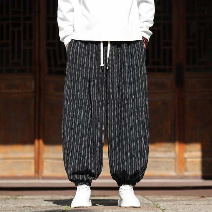 Buddha Stones Spring Fall Casual Drawstring Striped Cropped Pants Corduroy Men's Harem Pants With Pocket - Black - US/UK/AU46, EU56 (5XL) - image 0