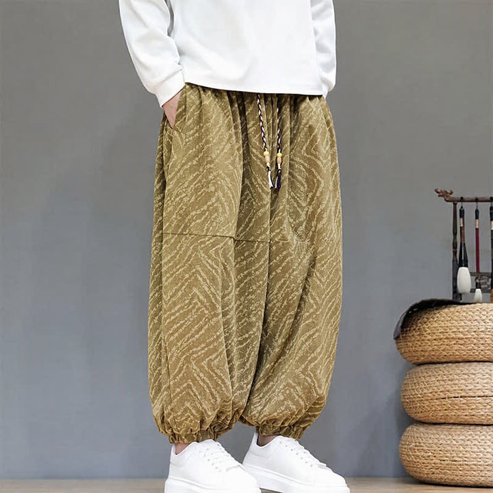 Buddha Stones Fall Winter Casual Boho Drawstring Abstract Lines Cropped Pants Corduroy Men's Harem Pants With Pockets - image 5