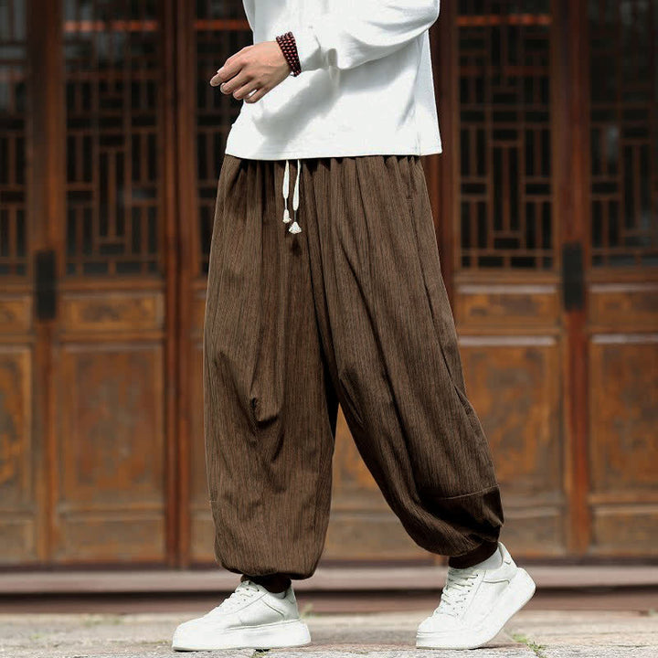 Buddha Stones Spring Casual Minimalist Drawstring Solid Vertical Stripes Cropped Pants Corduroy Men's Harem Pants With Pockets - image 30