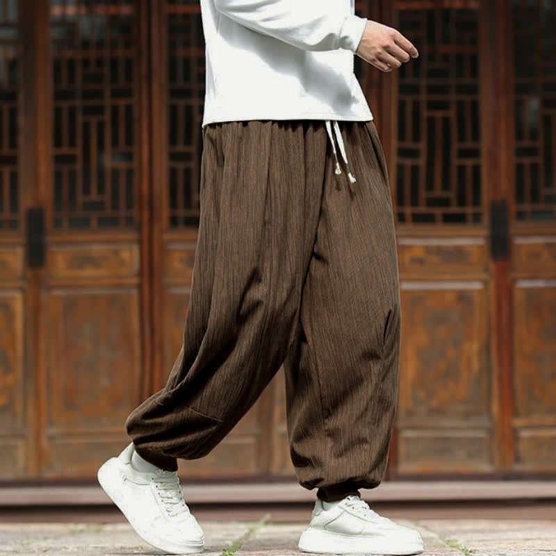 Buddha Stones Spring Casual Minimalist Drawstring Solid Vertical Stripes Cropped Pants Corduroy Men's Harem Pants With Pockets - image 29