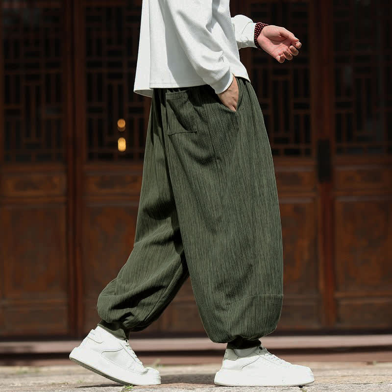 Buddha Stones Spring Casual Minimalist Drawstring Solid Vertical Stripes Cropped Pants Corduroy Men's Harem Pants With Pockets - image 4