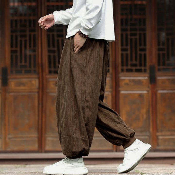 Buddha Stones Spring Casual Minimalist Drawstring Solid Vertical Stripes Cropped Pants Corduroy Men's Harem Pants With Pockets - image 33